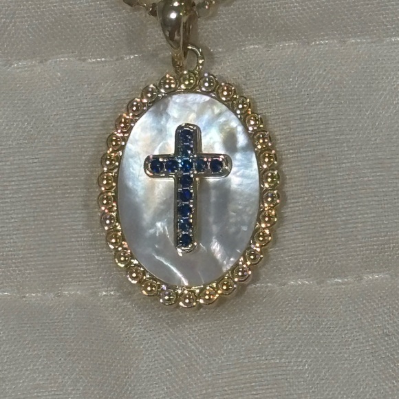 Gold and Blue sapphire Cross Sterling Pendant Necklace - Picture 6 of 8